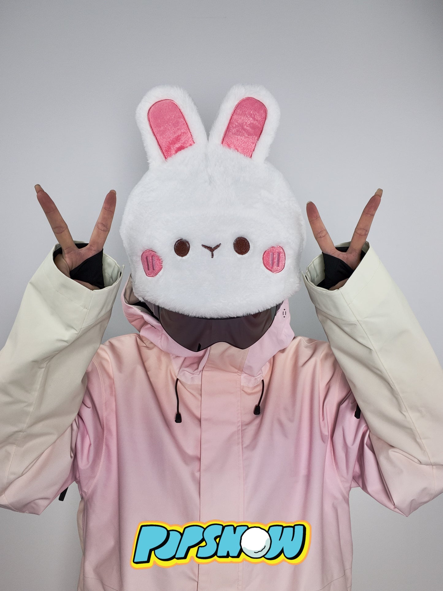 PopSnow Ski snowboard helmet cover hat funny bunny rabbit front model hand peace sign