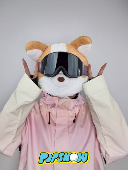 PopSnow Ski snowboard helmet cover hat funny corgi front model goggle on peace hand gesture
