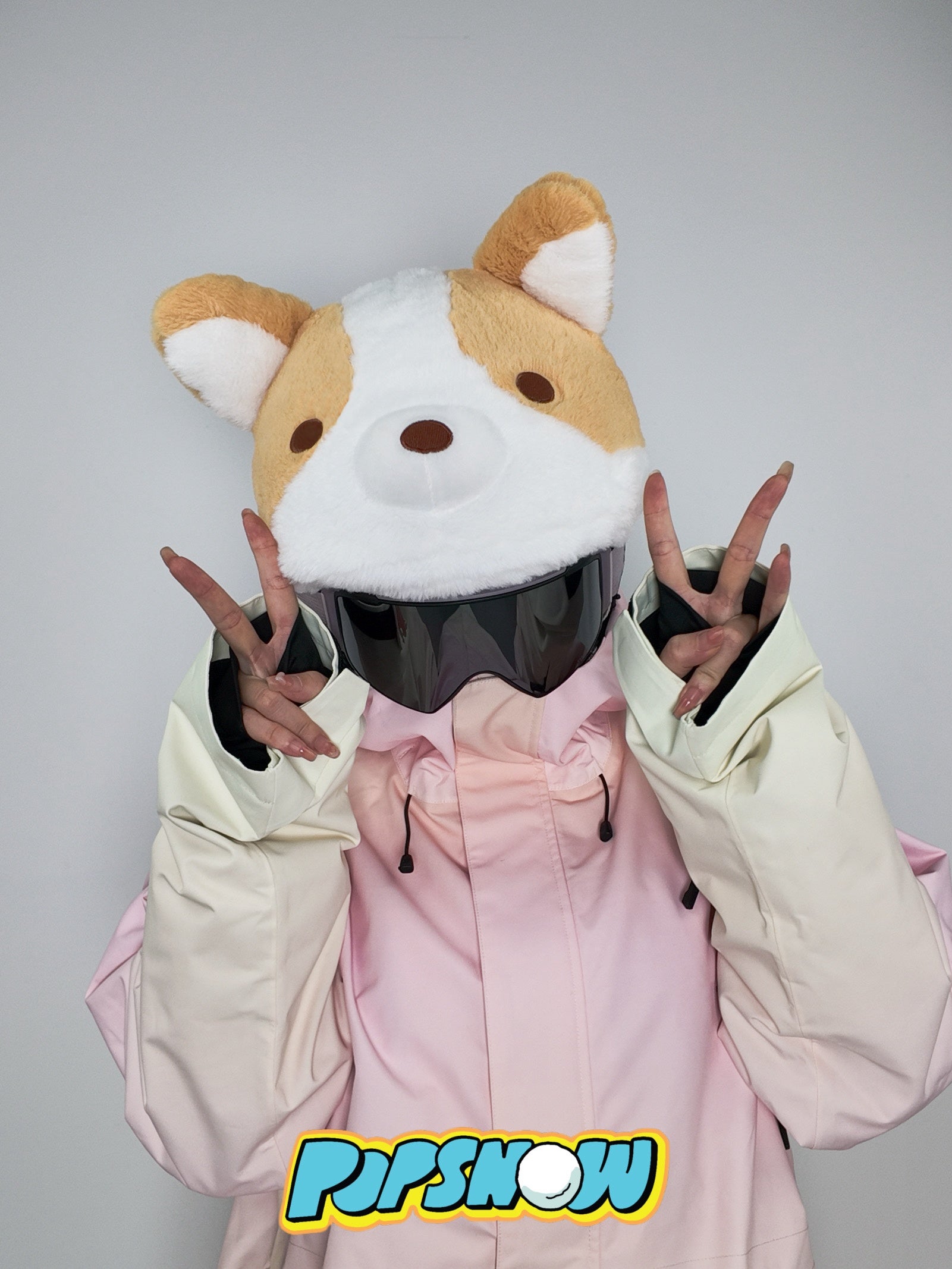 PopSnow Ski snowboard helmet cover hat funny corgi front model goggle on standing two hands peace gesture