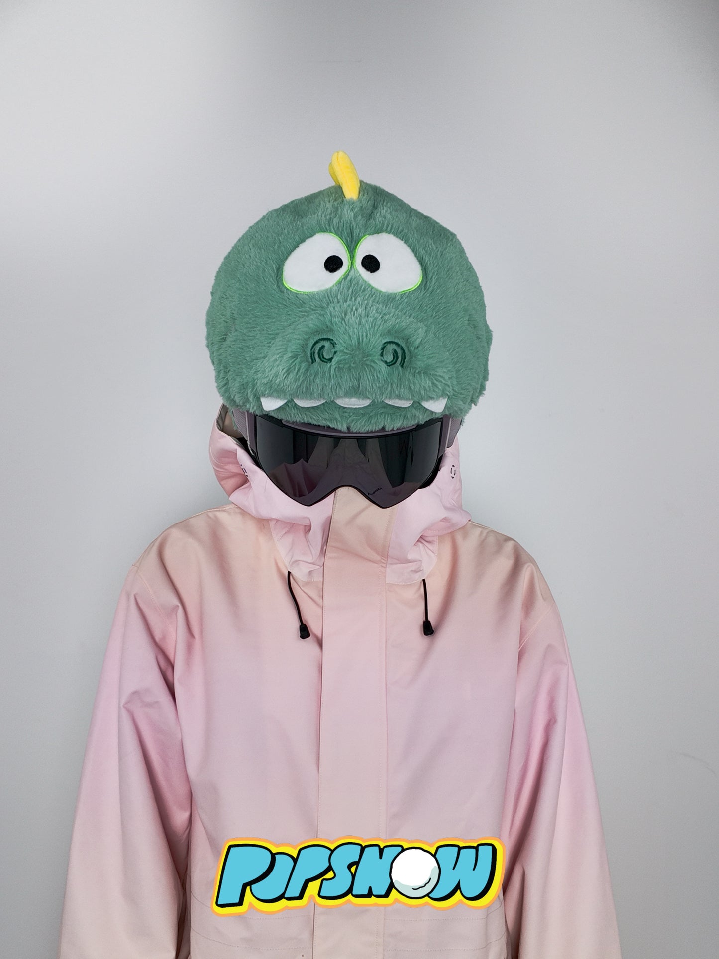 PopSnow Ski snowboard helmet cover hat funny dinosaur danny front model standing goggle on