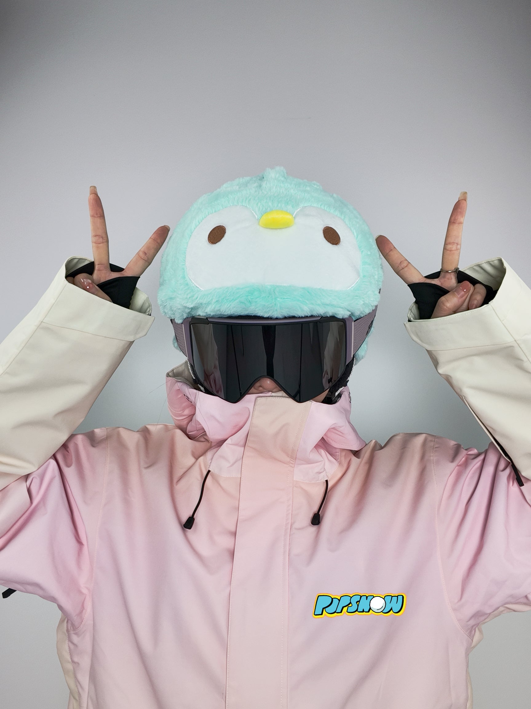 PopSnow Ski snowboard helmet cover hat funny penguin front model peace hand sign