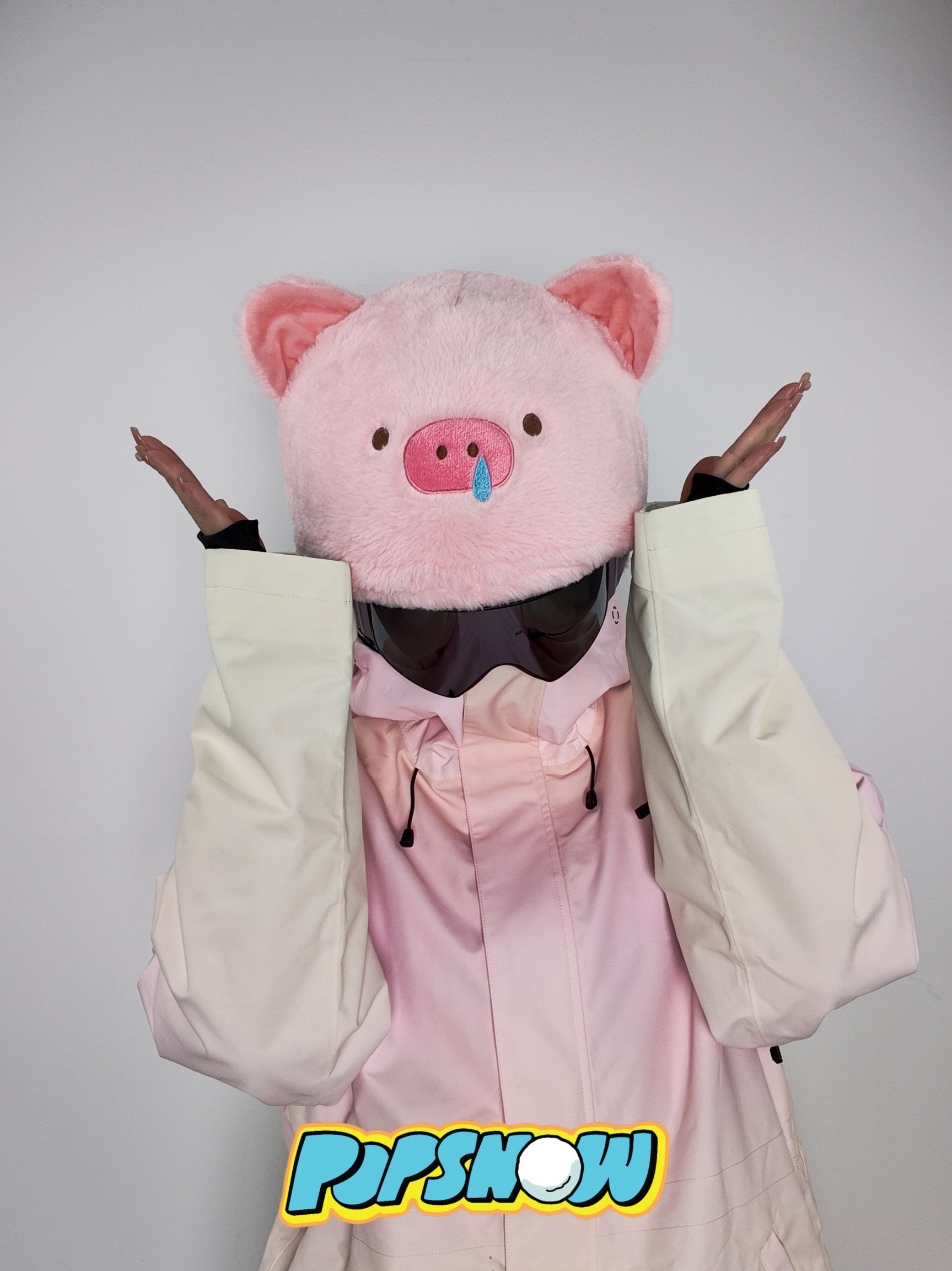 PopSnow Ski snowboard helmet cover hat funny pig peppy front model standing goggle on cute flower gesture