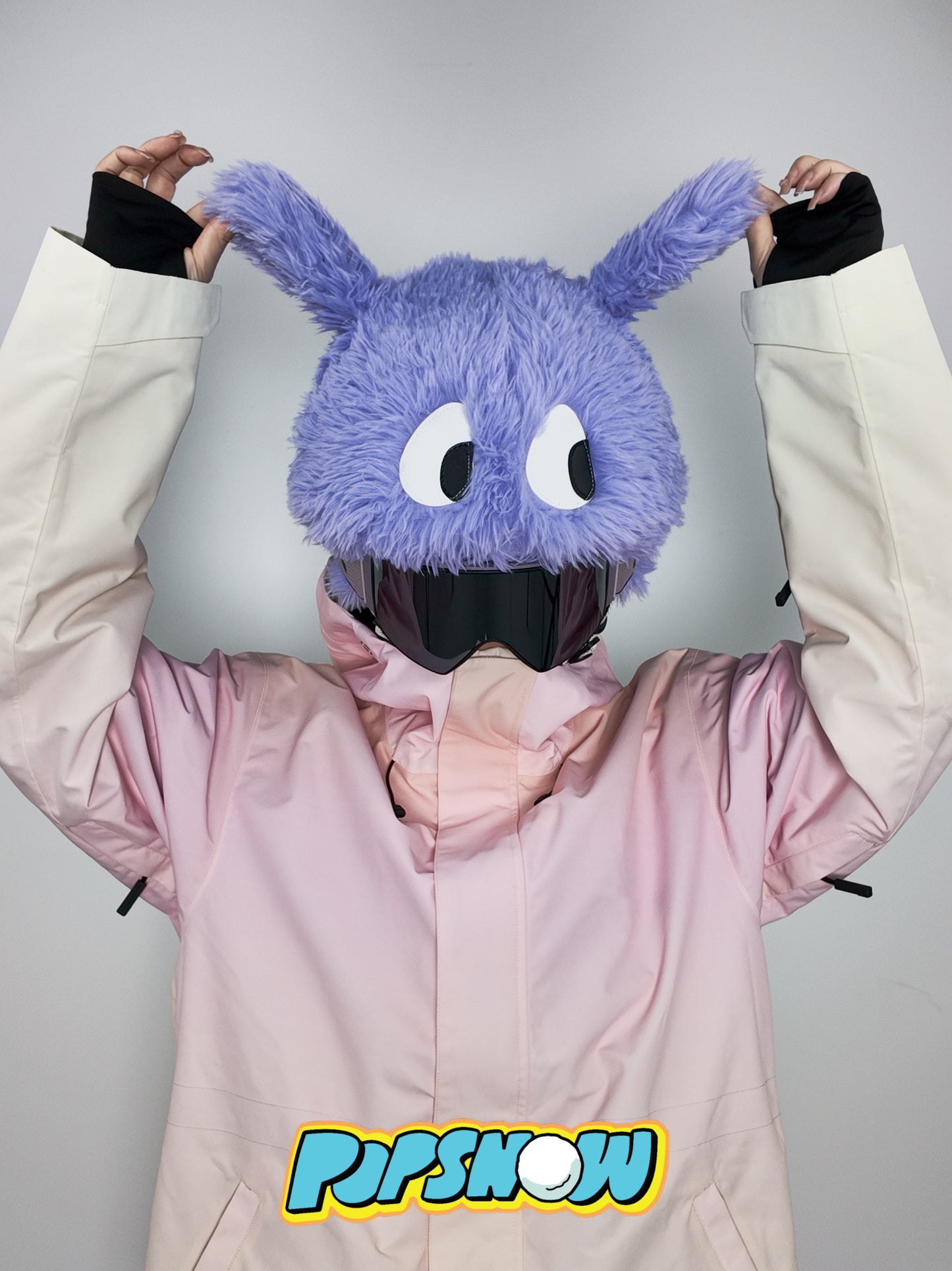 PopSnow Ski snowboard helmet cover hat funny short ear puppy tuusca dog front model standing goggle on happy cute gesture purple lilac lavender